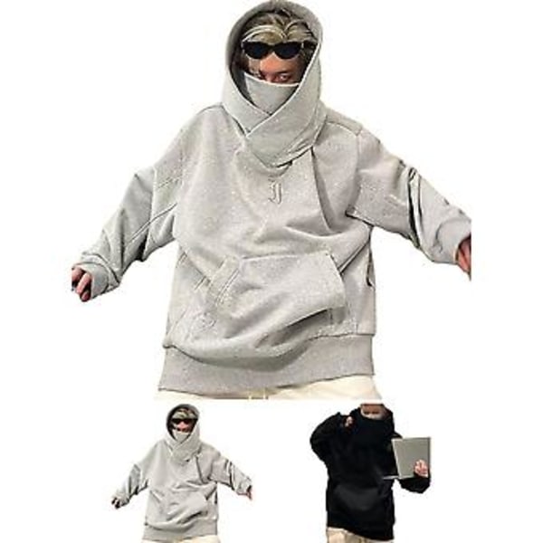 Huvtröja för män, enfärgad, med huva, långa ärmar, tjock, kallskyddande, turtleneck, hiphop, höst, dejting (3XL grå)