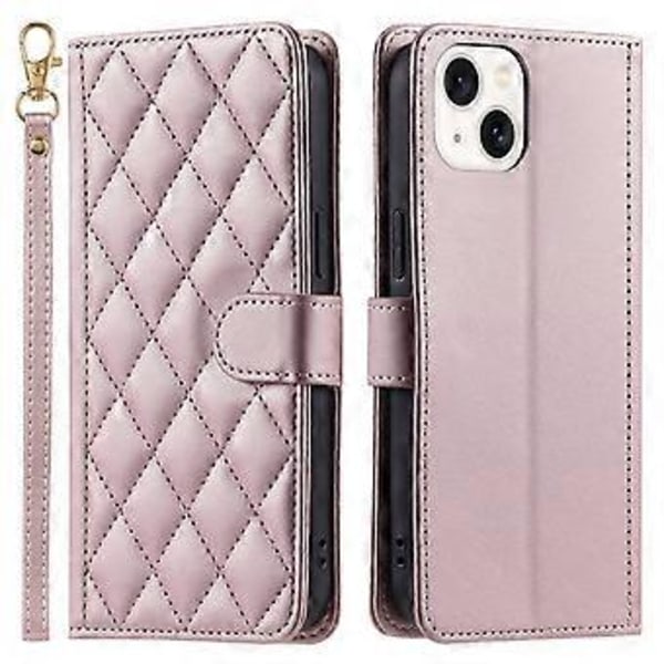 Läderfodral till iPhone 14 Rombmönstrat Plånboksfodral (Roséguld)