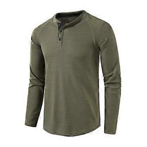 Våffelmönstrad Henley-tröja för män, rund hals, långärmad T-shirt, enfärgad, ledig klädsel, bekväm tröja för höst och vinter (XL armégrön)