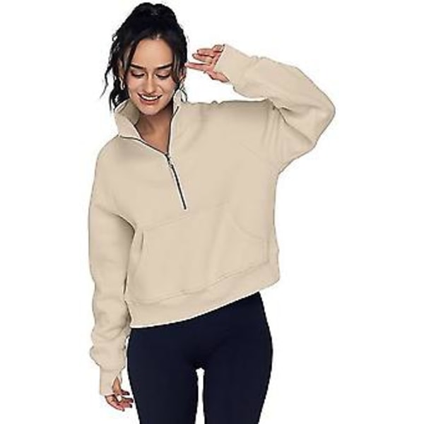 Dame Sweatshorter Halv Zip Croppede Trøjer Fleece Kvart Zip Hoodies Efterårs Outfits Tøj Tommelhul Abrikos, S