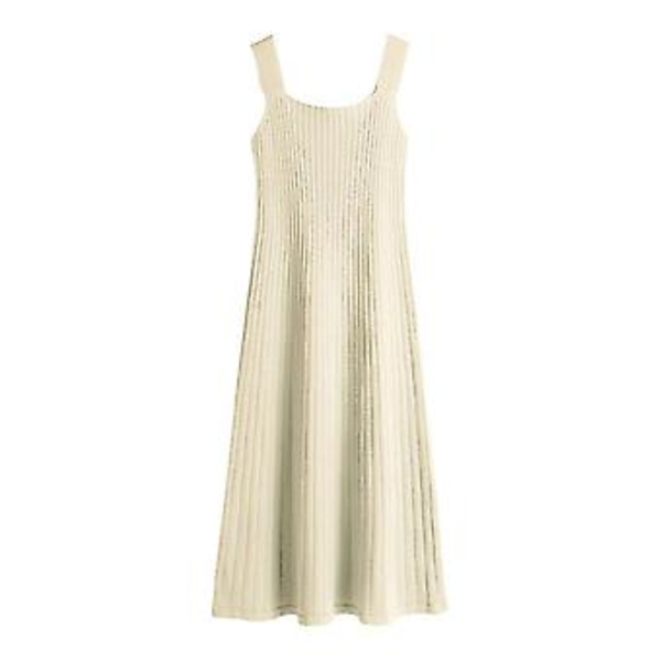 Sommarklänning för kvinnor, randig, plisserad, A-linje, camisole-band, lång klänning (M Apricot)