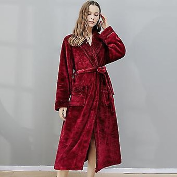 Män Kvinnor Vinter Dressing Gown Badrock Varm Tjock Fleece Robes Loungewear (L Burgundy Kvinnor)