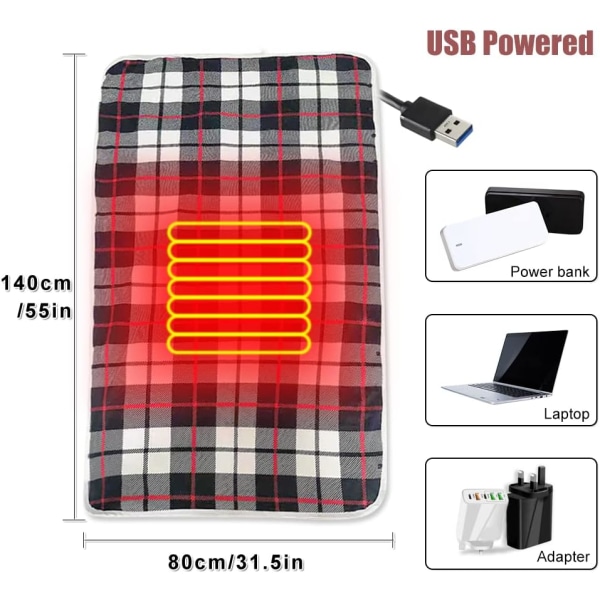 (55 * 31,5 tum) USB-pläd Elektrisk uppvärmd sjal filt, Fleece Wea