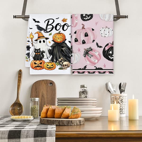 Søde Halloween Køkkenhåndklæder - Spøgelse, Græskar og Sort Kat Print Dekorative Viskehåndklæder, Sæt med 2