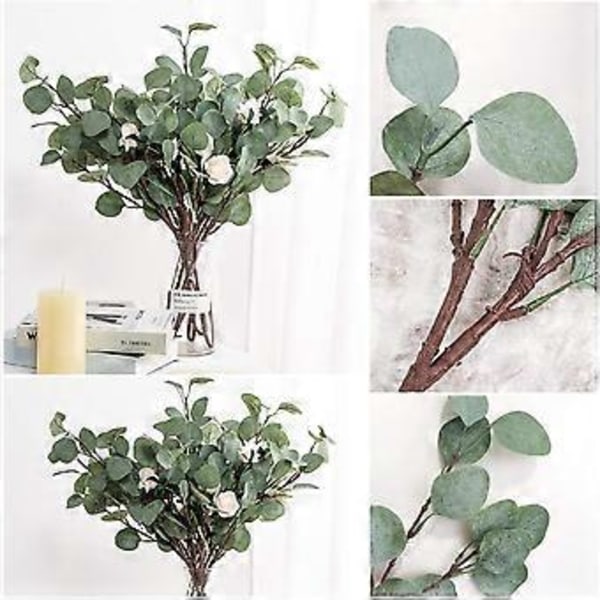 6 stk. kunstige sølv eukalyptusgrene spray eukalyptusblad til planter fra ferie, fest, bryllup, have, hjem, kontor, udendørs og indendørs