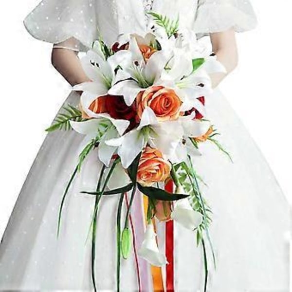 Bryllupsbuket til bruden, vanddråbestil kunstige blomster lilje rose buket falske blomster til bryllupsceremoni, jubilæum og hjemmedekor