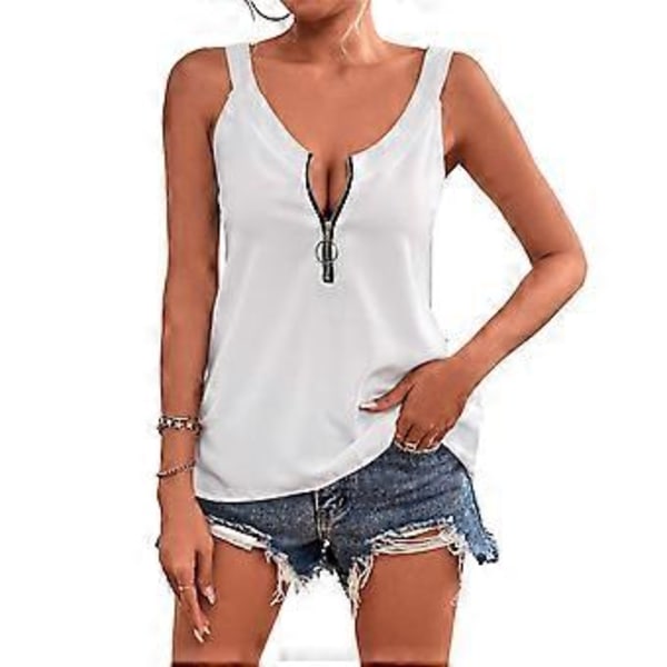 Tanktop til kvinder med lynlåslukning, ren farve, moderigtig ærmeløs skjorte til sommerbrug (M Hvid)