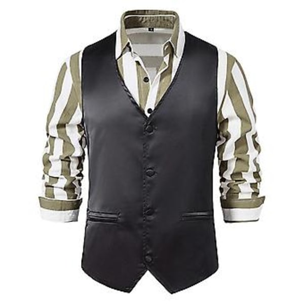 Herre Solid V-hals Casual Enkelt Bryst Dressvest Forretnings Formelle Kontor Vest Med Lommer (2XL Svart)