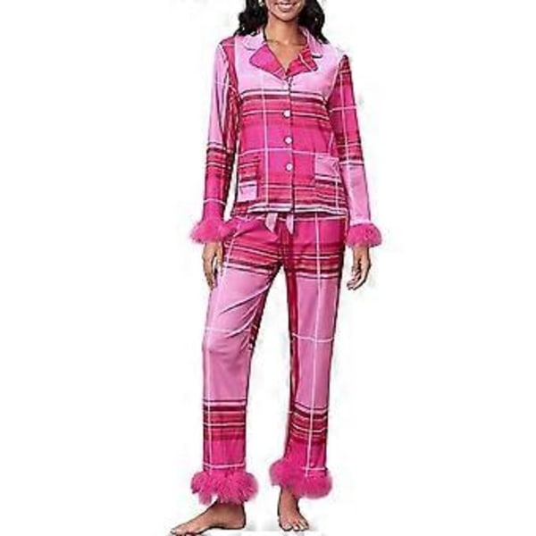 Naisten höyhenkoristeinen pyjamasetti pitkähihainen napitettava yläosa ja housut 2 osaa Lounge Set Satiini Pjs Pyjamas Yöasu (XL Rose Red Checked)