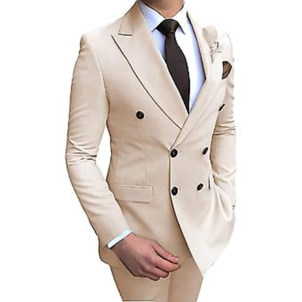 Mens Double-breasted Blazer Suit 2 Pieces Slim Fit Wedding Groom Tuxedos Peak Lapel Formal Prom Suits(52 Beige)