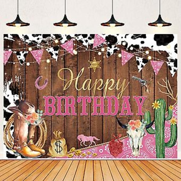 Västerländsk Cowgirl Grattis På Födelsedagen Bakgrund Kotryck Rosa Vild Dekoration Banner Country Western Rodeo Stövlar Festtillbehör Banner 7X5FT(82x59 tum)