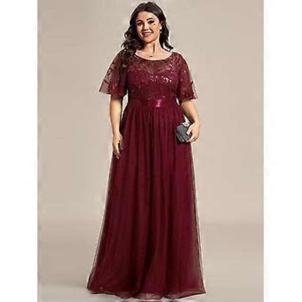 Ever-Pretty Dame Plus Størrelse Paljettbroderi A-Linje Kort Erme Bryllupsgjest Kjole (9XL burgunder)