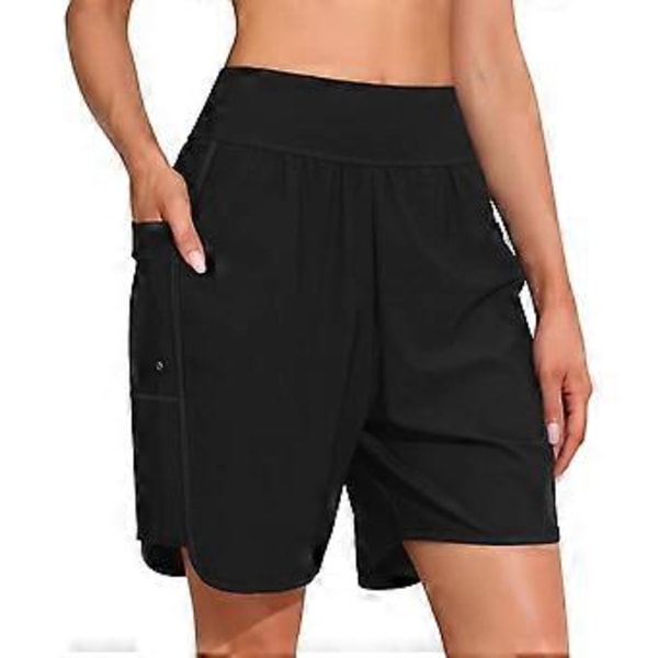 Charmleaks Dame 6\" Badeshorts Høy Talje Boardshorts med Lommer Hurtigtørkende UPF50+ Badebukse Underdel Innebygd Truse (M svart)
