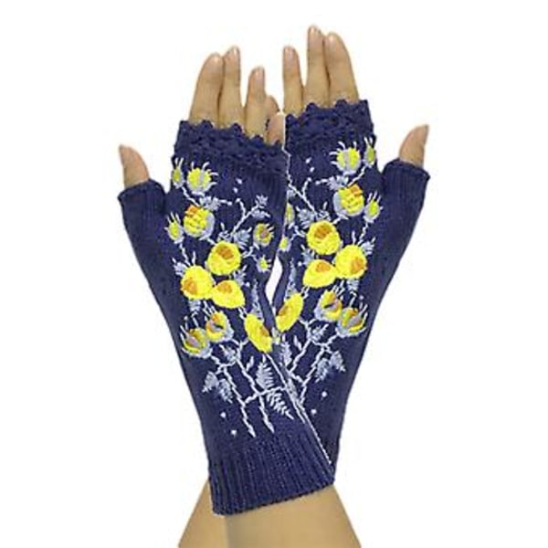 Dam Fingerlösa Vantar i Stickad Längd med Tumhål - Söt Liten Gul Blommig Broderi, Stickad, Armvärmare (3)