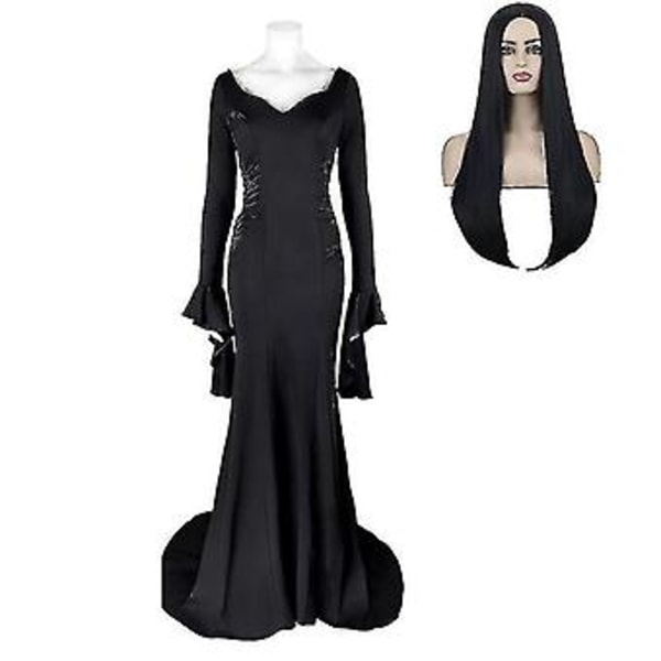 Onsdag Morticia Addams Cosplay Kostym Sexig Svart Klänning För Kvinnor Halloween Karneval Party Kostym Ty (XS Med Peruk)