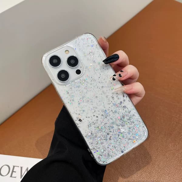 Passer til iPhone 14 Pro: Støtsikkert heldekkende telefondeksel med glitter - hvit