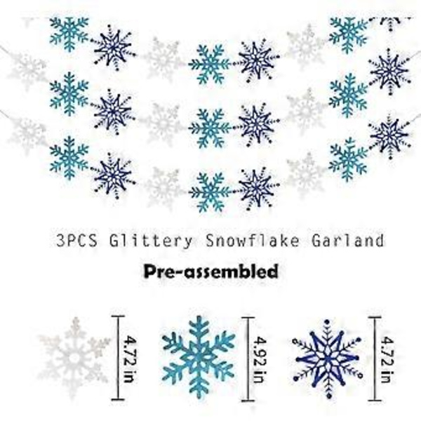 3 stk. Hvid Blå Glitrende Snefnug Banner, Juleferie Tema Party Dekorationer, Vinter Wonderland Mantel Hjem Dekoration, Julemand Festlig Party Dekoration