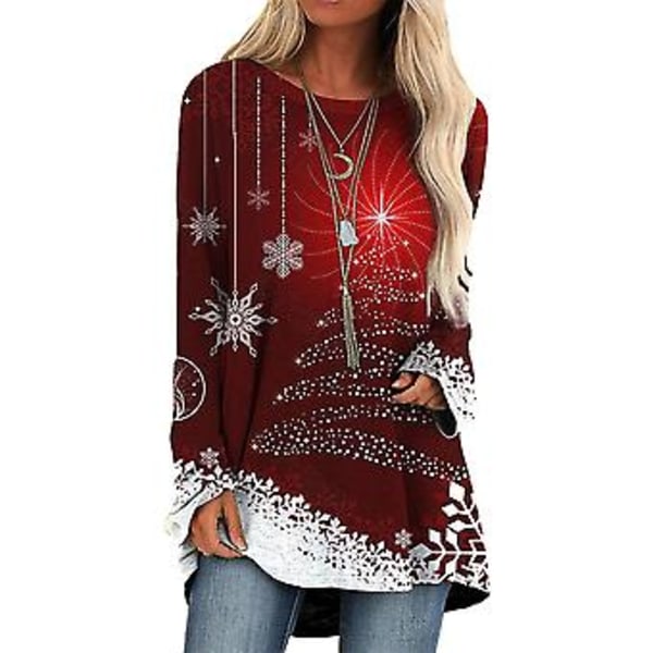 Dametøj Juleprint Tunika Topper Langærmet Casual Løstsiddende Rundhals T-shirt Julebluse Festgaver (3XL C)