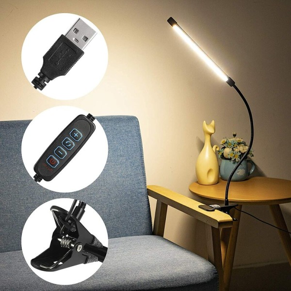 Fästbar LED-bordslampa, 10W USB läslampa, 360° svanhalsljus, set om 2