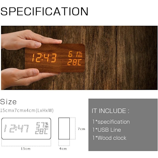 LED Digital Väckarklocka Luftfuktighet Datum Temperatur Trälook Dekor