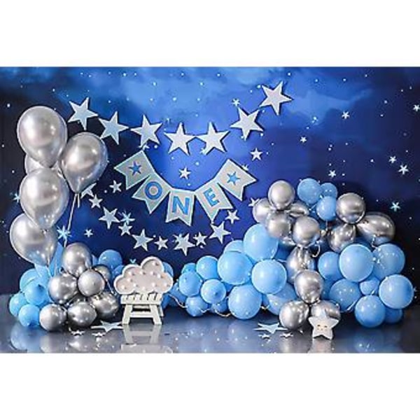 Blå Himmel Glitrende Stjerner Ballonger Gutter 1 År Bursdagsfest Ett År Gammel Kake Smash Dekor Bakgrunn For Hjemmefest Banner Fotostudio, 7x5ft