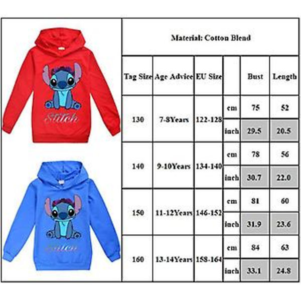 Barn Pojkar Flickor Stitch Tryckt Långärmad Huvtröja Casual Huvtröja Toppar (9-10 År Djupblå)