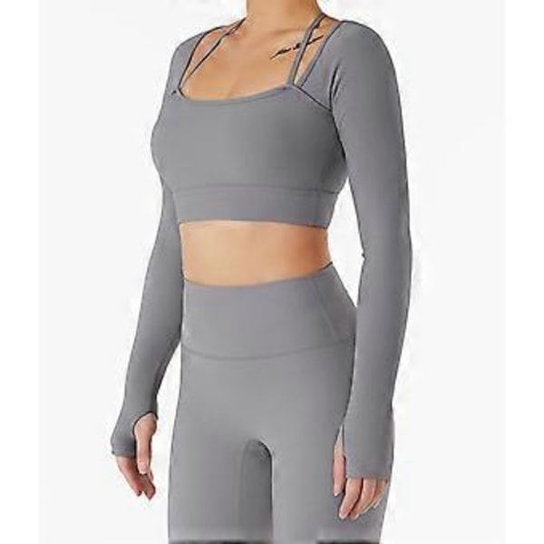 Yogatopp för kvinnor, Fitness Crewneck Halter Neck Långärmad med Tumhål Träningskläder med Bröstkudde (L Grå)