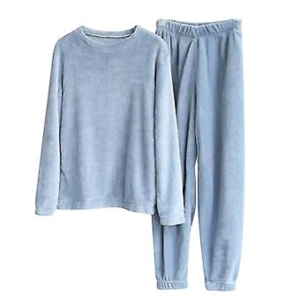 Dam Sweatshirts Set i Solid Färg Mjuk & Varm Korall Fleece Pyjamas Elastisk Hem & Midja Lång (XL Blå)