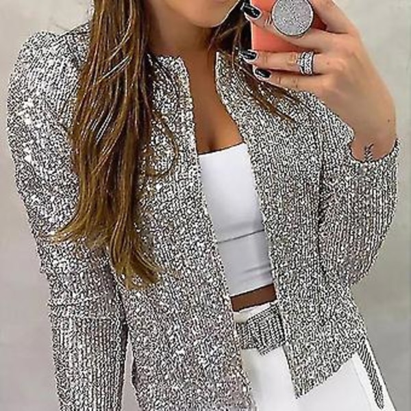 Damkofta Långärmad Glittrig Paljettjacka Öppen Framsida Casual Damjacka Hög Kvalitet (3XL Silver)