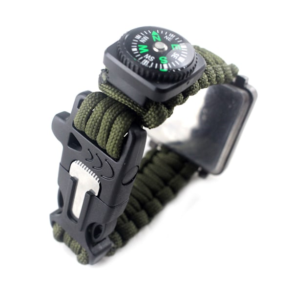 (Army Green) Multifunktionelt udendørs overlevelsesur armbånd overlevelseskit reb fløjte + + kompas + lighter til vandreture camping klatring førstehjælpskasse