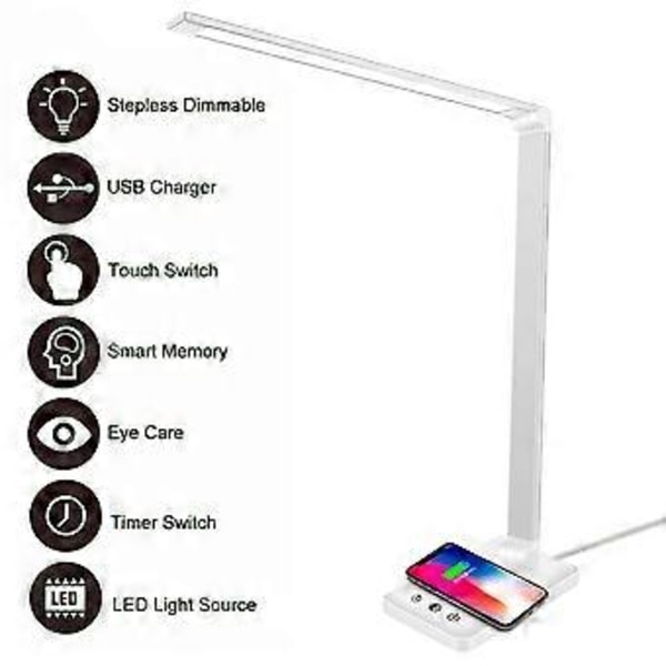 LED Skrivebordslampe, Touch-kontrol med hukommelsesfunktion, øjenvenligt LED-panel, dæmpbar til hjemmekontor, sengebord og kommodebelysning