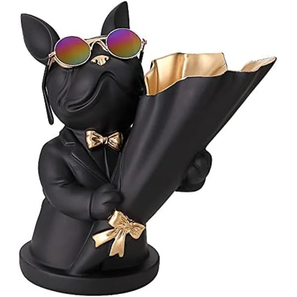 Fransk Bulldog Statue med Bakke i Rustfrit Stål, Borddekoration