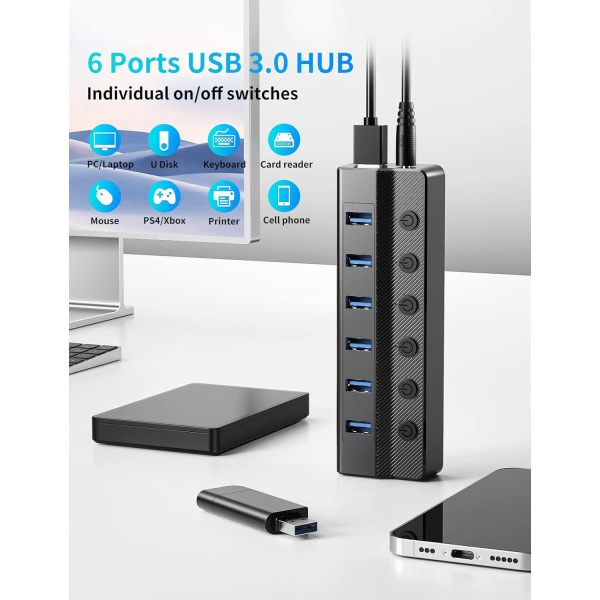 6-porters USB 3.0-hub, bærbar USB-splitter med individuell på/av-sw