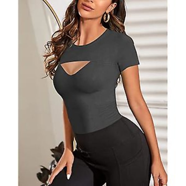 Naisten Edestä Avoin Toppi Lyhyillä Hihoilla Bodycon Slim Fit Puuvärinen Hengittävä Pusero T-paita (XXL Tummanharmaa)