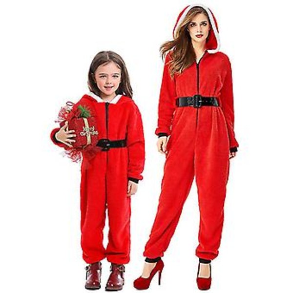 Rød hettegenser Jumpsuit Helkropps Pyjamas Julenissen Cosplay Julerfest Kostyme (L Barn)