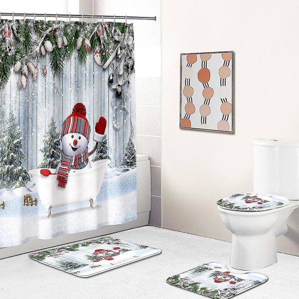 4 Pcs Christmas Snowman Shower Curtain Set With Non-slip Rug, Toilet Lid Cover And Bath Mat, Xmas Snowman Christmas Shower Curtains With 12 Hooks, Chr