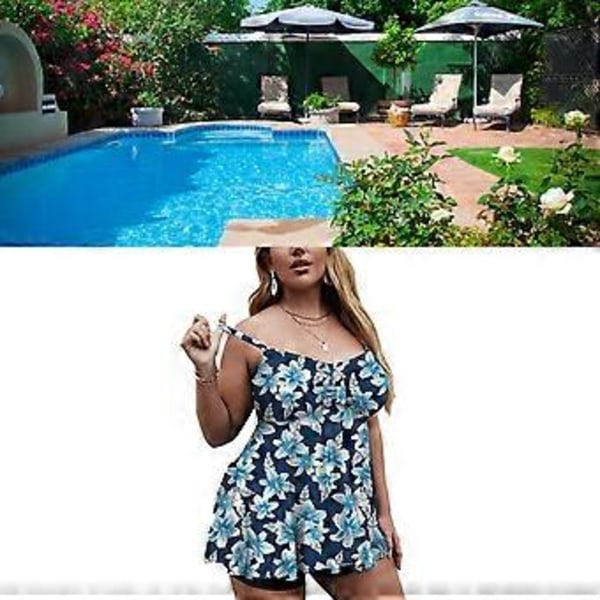 Dame Badetøj i Plus Størrelse med Blomsterprint, 2-delt Tankini Badetøj med Shorts til Svømning og Strandfester (3XL Blå og Hvid Blomst)