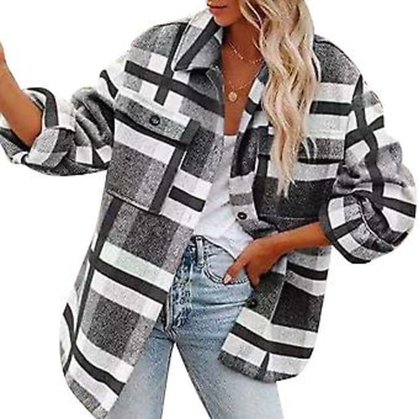 Women Shirt Coat Loose Check Lapel Button Pocket Long Sleeved Coat Autumn Winter Clothing Gray L M Grey