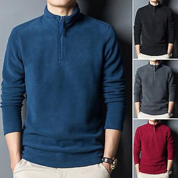 Herrar Tröja Solid Färg Stå Krage Blixtlås Halsring Slim Fit Streetwear Höst Vinter Dubbelsidig Fleece Botten Skjorta Män Kläder (3XL Svart)