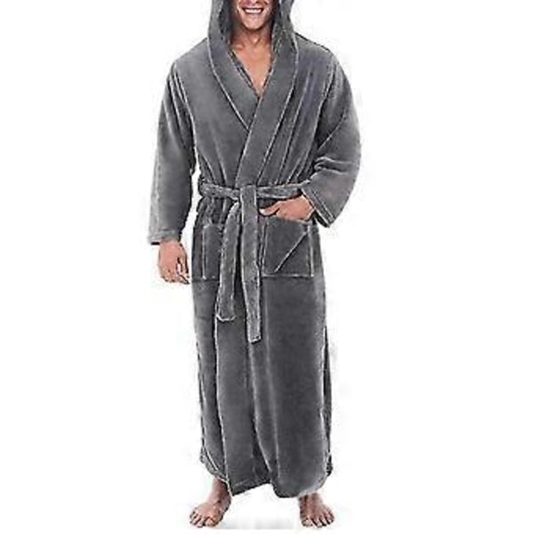 Mænds Fleece Hættetrøje Lang Blød Badekåbe - JA(XL Grå)