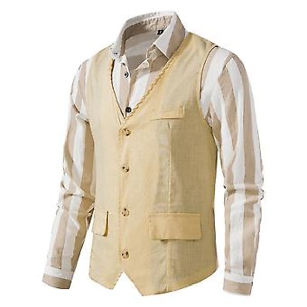 Retro Herrar Solid V-ringad Casual Enkelknäppt Kostymväst Business Formal Kontorsväst Med Fickor (L Khaki)