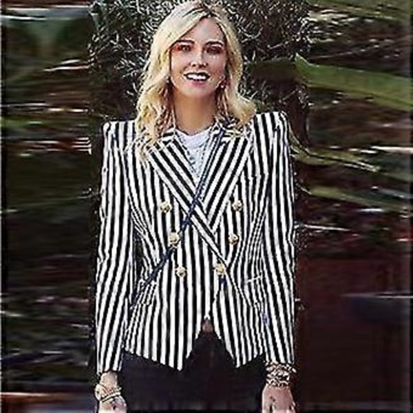 Stribet Print Suitjakke med Dobbelt Bryst og Hakket Rever - Slim Fit Blazer (L Blå)