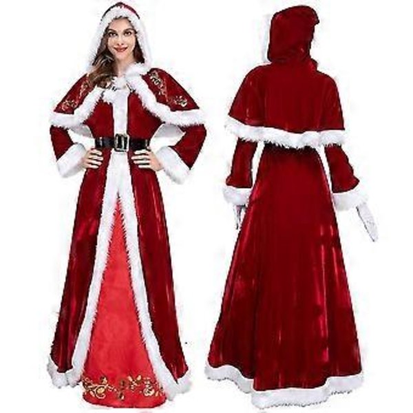 Fru Santa Claus Kostym för Kvinnor Sammet Huva Klänning Långärmad Julkläder - JA(2XL)