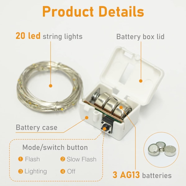 Sæt med 12 mini LED-lyskæder på batteri, 2M 20 LED 3 batterimodusser, små