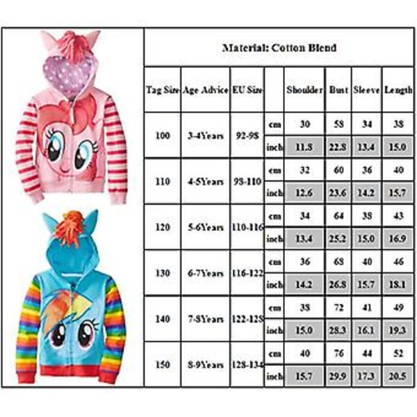 My Little Pony Piger Zip Up Hoodie Børnejakke Frakke Topper Rainbow Dash Twilight Sparkle Til 3-9 år (7-8 år Pink)