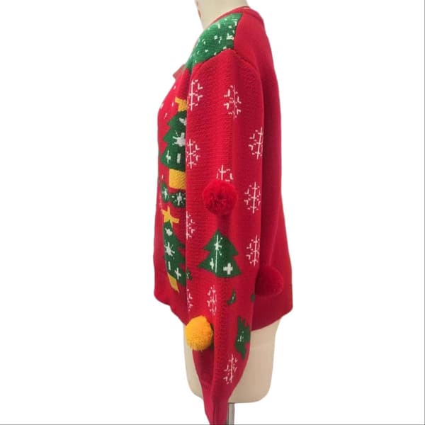 Strikket jule-pullover til kvinder – Rundhalset sweater med 3D farverige pom-pom detaljer M
