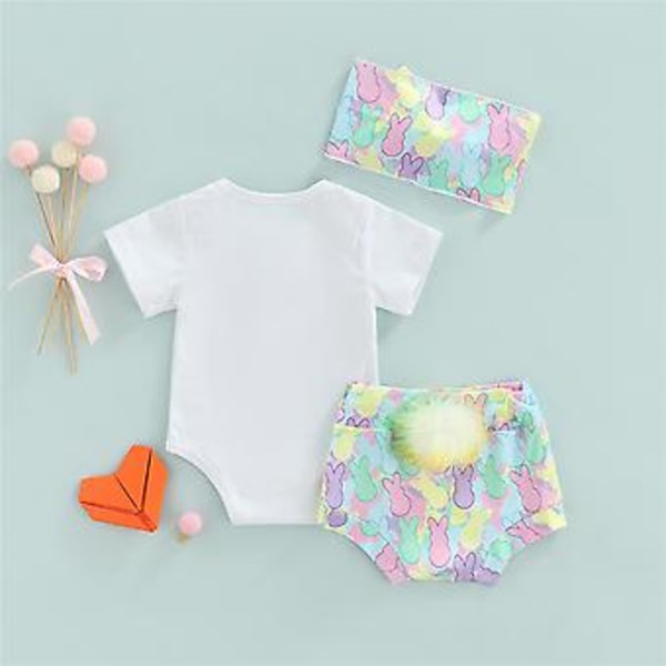 Baby Påskefest Outfit Kortærmet Romper Kaninhal Bloomers Sløjfe Hårbånd Sæt Spædbarn Fotografering Kostume (6-12 Måneder)