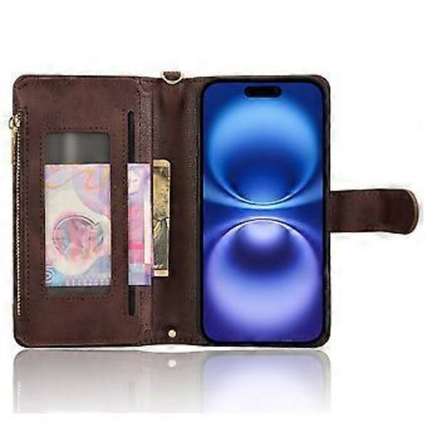 Lærveske med glidelåslomme og 2 stropper til iPhone 16 (Stil A)