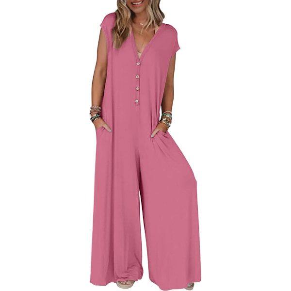 Kvinners 2024 Sommer Ermeløs Jumpsuits Dyp V-hals Knapp Onesie Brede Benbukser Rompers XL Rosa