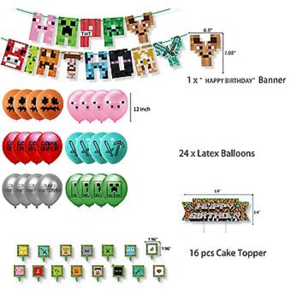 Minecraft-tema Barnkalas Dekorationer Tillbehör Kit Ballonger Banner Tårta Toppers Set ( )